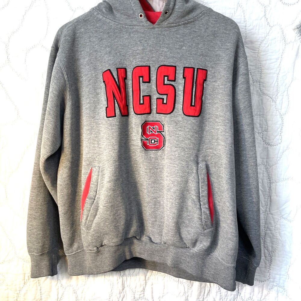 NC State Wolfpack Hoodie Vintage MED Champs Grey/Red Embroidery  NCSU Pullover
